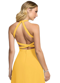 Azazie Clarice Bridesmaid Dresses Marigold A-Line Halter Chiffon Dress image5