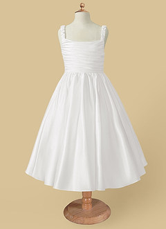 Azazie Cutie Pie Flower Girl Dresses White A-Line Pleated Matte Satin Dress image4
