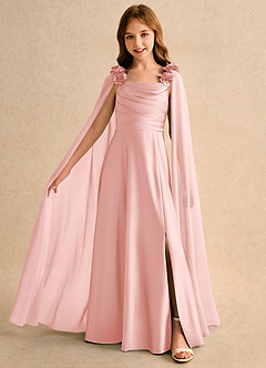 Azazie Rosita Girls Formal Robe Demoiselle D'honneur Fillette Robe Trapèze en Satin extensible Plissée Rose Poudré image3
