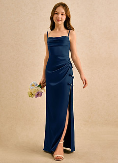 Azazie Bundt Girls Formal Sukienki dla dziewczynek sypiących kwiaty Linia A Pofałdowany Satyna elastyczna Długość podłogi Sukienka image5