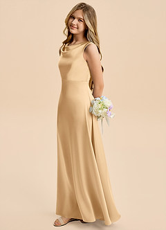 Azazie Kiki Junior Gold A-Line Bow Stretch Satin Dress image1