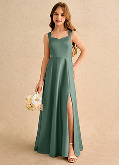 Azazie Makani Girls Formal Blumenmädchenkleider A-Linie Herzausschnitt Matte Satin Kleid Eukalyptus image1