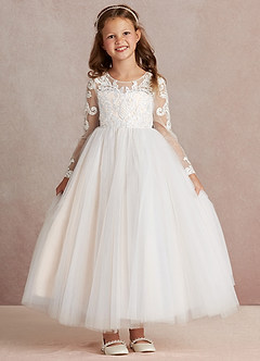 Azazie Elodie Blumenmädchenkleider Ballkleid Spitze Kleid Elfenbein Weißer Alabaster image3