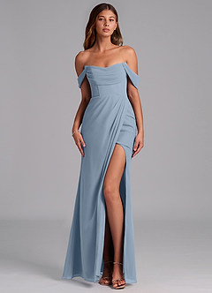 Azazie Johana Vestidos de damas de honor Vestido Azul Polvoriento de Gasa de Corte Sirena Convertible con Hombros descubiertos image1