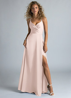 Azazie Davis Robes de demoiselle d'honneur Robe Trapèze en Satin extensible Plissée Rose Pâle image2