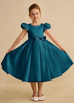 Azazie Pearl Robe Demoiselle D'honneur Fillette Robe Princesse en Mat Satiné Plissée Bleu Encre image4