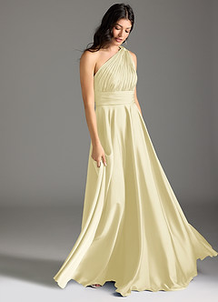 Azazie Charlize Bridesmaid Dresses Lemon Sorbet A-Line One Shoulder Stretch Satin Dress image3