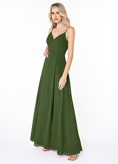 Azazie Lena Bridesmaid Dresses Olive A-Line Lace Chiffon Dress image3
