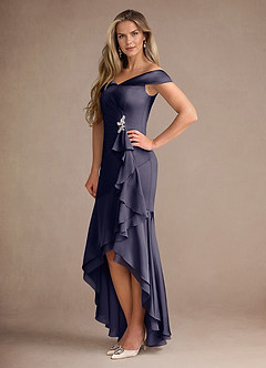 Azazie Billings Moeder van de bruid jurken Zeemeermin Jurk van Stretch Satijn Off the Shoulder Stormachtig image2