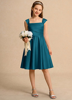 Azazie Budle Flower Girl Dresses Ink Blue A-Line Pleated Matte Satin Dress image1