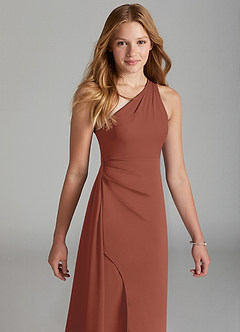 Azazie Maron Junior Auburn A-Line Pleated Stretch Satin Dress image3