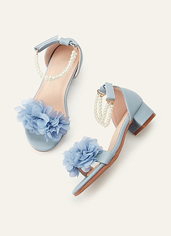 front Escarpins à talons carrés en mousseline 3D ornés de fleurs et de perles, avec bride cheville et bout ouvert, pour petites et grandes filles