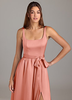 Azazie Elliott Bridesmaid Dresses Coral A-Line with Pockets Stretch Satin Dress image2