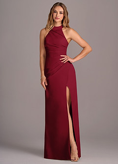 Azazie Jemma Bridesmaid Dresses Burgundy Sheath Pleated Chiffon Dress image4