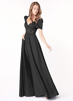 Azazie Sibyl Final Sale Black A-Line Lace Stretch Satin Dress image1