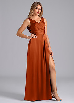 Azazie Karina Vestidos de madrinha de casamento Vestido Laranja Queimada de Cetim elástico de Linha A com Plissado image5