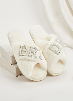 front Fuzzy Pearl Bride Slippers