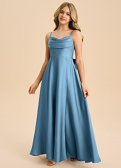 Azazie Bear Junior A-Line Kæresteudskæring Stræk satin Gulv-længde Junior brudepige Kjole image4