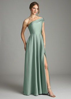 Azazie Melanie Robes de demoiselle d'honneur Robe Trapèze en Satin extensible Épaules dénudées Agave image5
