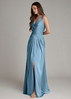 Azazie Pauline Vente finale Robe Trapèze en Satin extensible Plissé Acier Bleuté image6