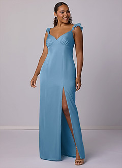 Barbie ♥ Azazie Final Sale Steel Blue Sheath Stretch Satin Dress image6