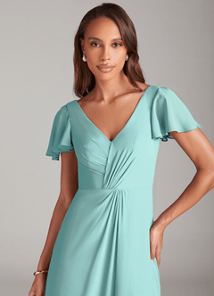 Azazie Soren Vestidos de damas de honor Vestido de Aqua de Gasa de Corte en A con Volante image6