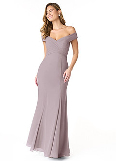 Azazie Lecia Bridesmaid Dresses Dusk Empire Off-The-Shoulder Pleated Chiffon Convertible Dress image1