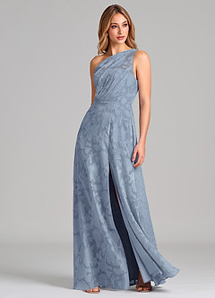 Azazie Phaedra Bridesmaid Dresses Dusty Blue A-Line One Shoulder Floral Burnout Dress image3