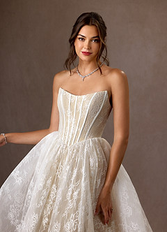 Azazie Demetria Wedding Dresses Diamond White Nude Ball-Gown Strapless Lace Dress image6