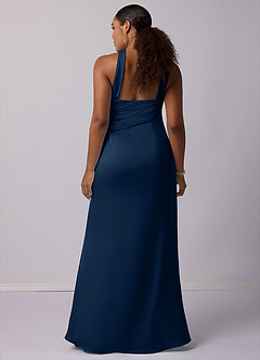 Barbie ♥ Azazie Robes de demoiselle d'honneur Robe Sirène en Satin extensible Ue épaule Bleu Marine Foncé image7