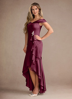 Azazie Billings Mother of the Bride Dresses Mulberry Mermaid Off the Shoulder Stretch Satin Dress image2