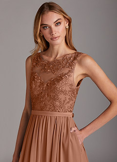 Azazie Elly Bridesmaid Dresses Bronzer A-Line Lace Scoop Neck Chiffon Dress image6