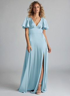 Azazie Kimber Robes de demoiselle d'honneur Robe Trapèze en Satin extensible Rayé Bleu Ciel image3