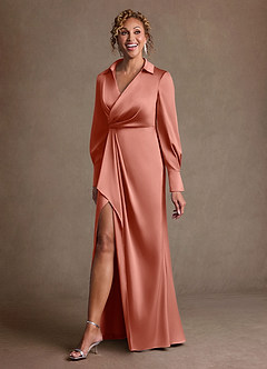 Azazie Jacinta Mère de la mariée Robes Robe Fourreau en Satin extensible Plissée Rose Saumon image2