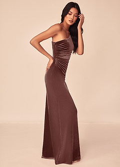Azazie Argan Bridesmaid Dresses Espresso A-Line One Shoulder Pleated Velvet Dress image3