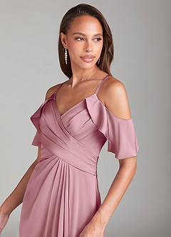 Azazie Dakota Bridesmaid Dresses Vintage Mauve A-Line Off the Shoulder Stretch Satin Dress image5