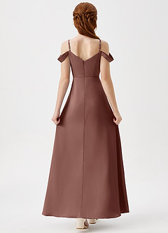 Azazie Ocean Junior Espresso A-Line Off the Shoulder Stretch Satin Dress image2