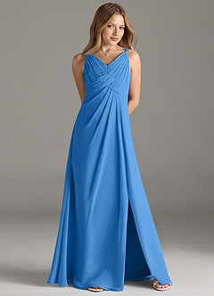 Azazie Maren Allure Junior Robe Trapèze en Mousseline de soie Dentelle Geai Bleu image4