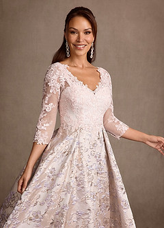Azazie Toni vestidos de madre de la novia Vestido Rosa Rubor de Jacquard Floral de Corte en A con Encaje image4