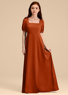 Azazie Briar Junior Abito A-Line in Raso Elasticizzato Fiocco Arancia Bruciata image3