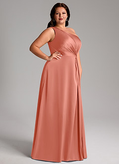 Azazie Brooke Robes de demoiselle d'honneur Robe Trapèze en Satin extensible Une épaule Rose Saumon image11