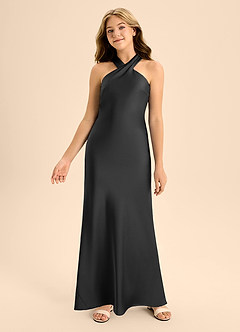 Azazie Doretta Junior Vestido de Negro de Satén Elástico de Corte En A con Plisado image4