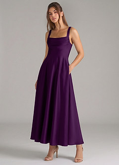 Azazie Shaude Bridesmaid Dresses Grape A-Line Pleated Stretch Satin Dress image5