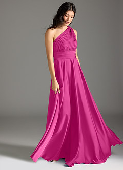 Azazie Charlize Robes de demoiselle d'honneur Robe Trapèze en Satin extensible Ue épaule Fuchsia image3