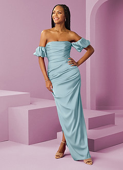 Barbie ♥ Azazie Robes de demoiselle d'honneur Robe Fourreau Convertible en Satin extensible Épaule décolletée Bleu Maussade image3