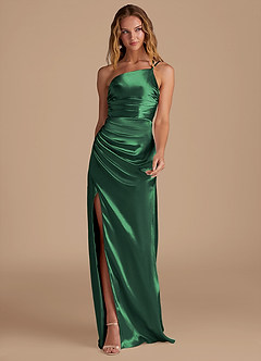 Azazie Eren Bridesmaid Dresses Dark Green Sheath One Shoulder Metallic Satin Dress image3