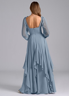 Azazie Karan At-home Try On Dresses Dusty Blue A-Line Long Sleeve Chiffon Dress image2