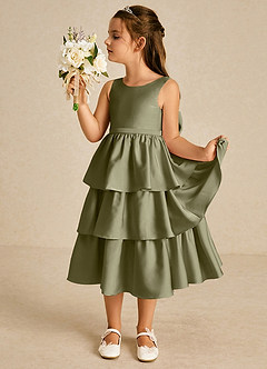 Azazie Margery Flower Girl Dresses Pistachio A-Line Bow Stretch Satin Dress image4