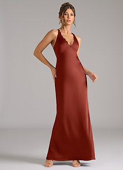 Azazie Tianna At-home Try On Dresses Terracotta A-Line Stretch Satin Dress image5