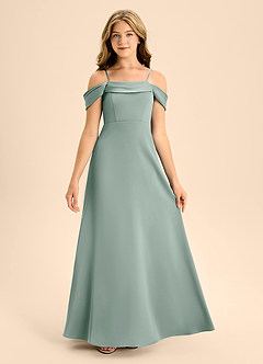 Azazie Anselie Junior Silver Sage A-Line Off the Shoulder Stretch Satin Dress image7